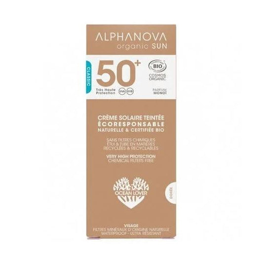 Crema solare viso SPF 50+ con colore Alphanova 50 ml.