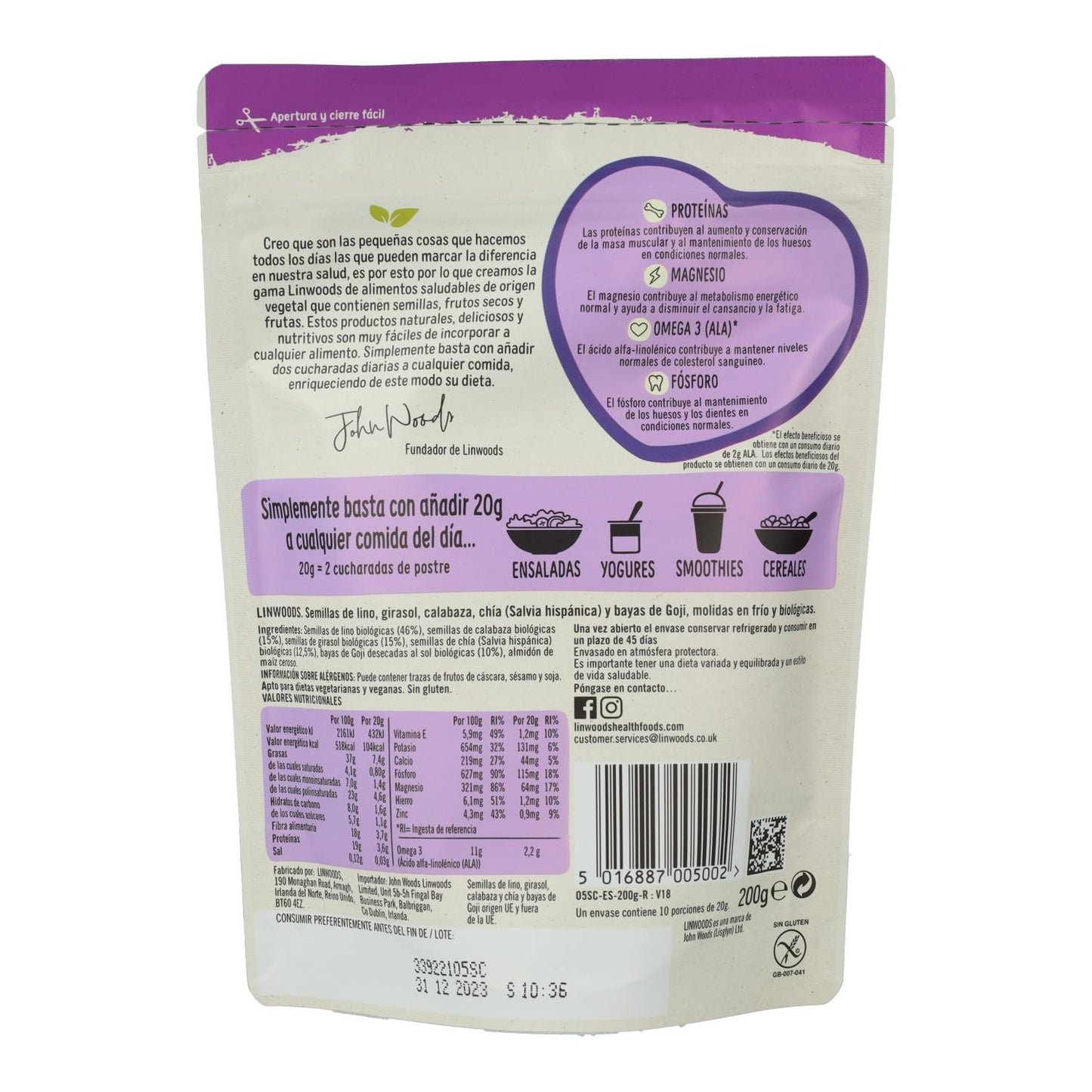 Malda linfrön, solrosfrön, pumpafrön, chiafrön och gojibär Bio - Linwoods  425 g