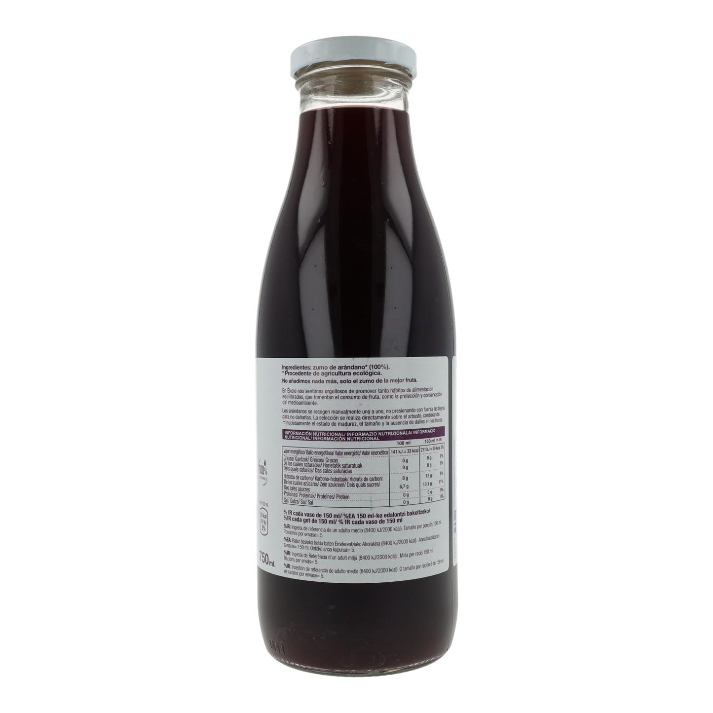 Jus de myrtilles fraîchement pressé 100 % bio ékolo 750 ml