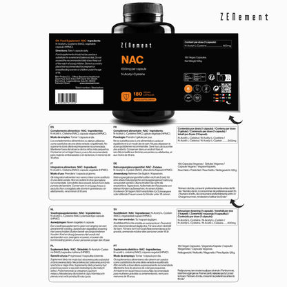 NAC N-Acétyl-Cystéine, 600 mg Zenement, 180 comprimés végétaliens  NAC 600 mg