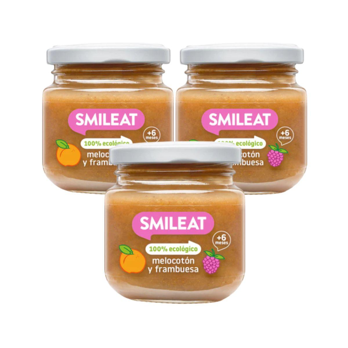 AKTION 3x Gläschen mit Himbeeren und Pfirsichen aus biologischem Anbau Smileat, 130 g