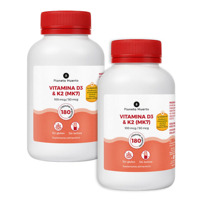 Förpackning 2xVitamin D3 & K2 Mk7 Planeta Huerto 180 kapslar