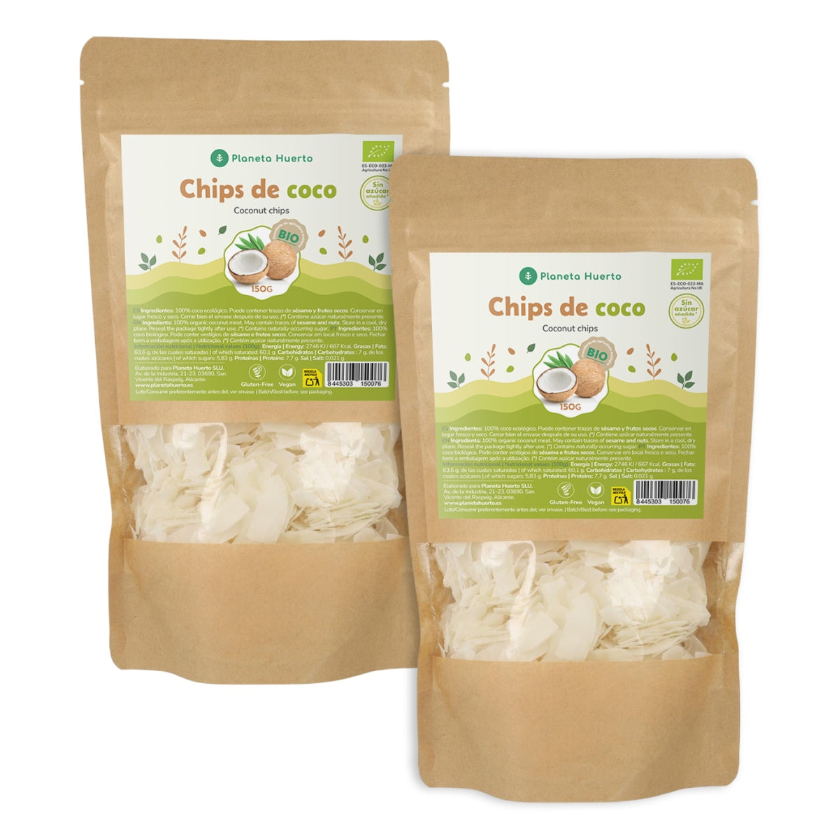 Paquet 2x chips de noix de coco sans sucre ECO Planeta Huerto 150 g