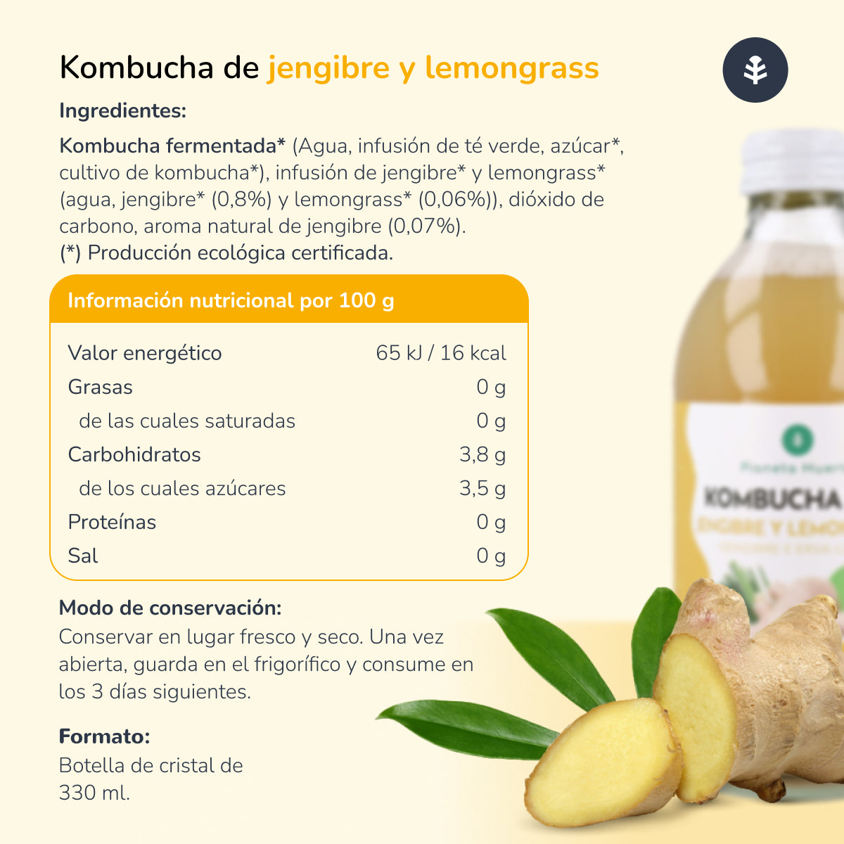 Kombucha ECO Ingefära och citrongräs Planeta Huerto 330 ml