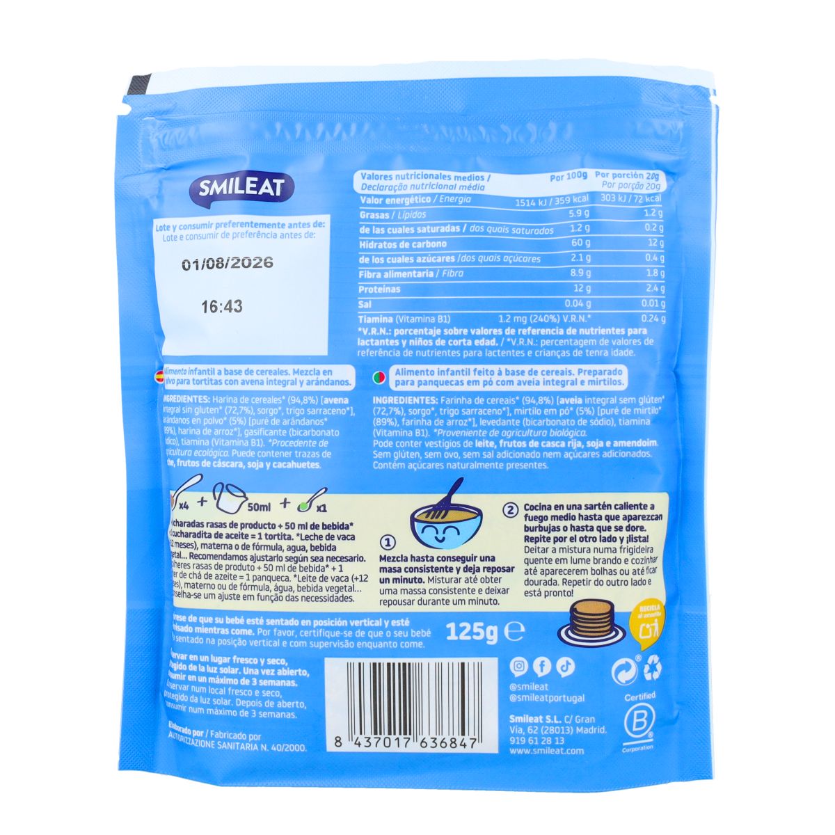 Mix für Vollkorn-Haferflocken-Pfannkuchen mit Blaubeeren ECO Smileat 125 g
