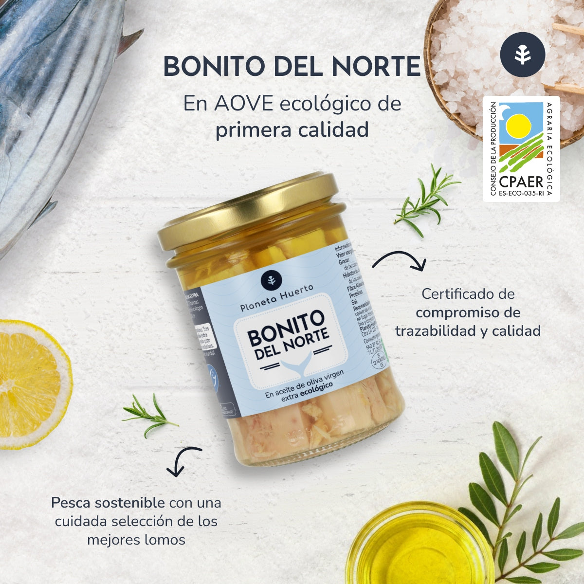 Lot de 12 boîtes de thon blanc à l'huile d'olive ECO Planeta Huerto 200 g