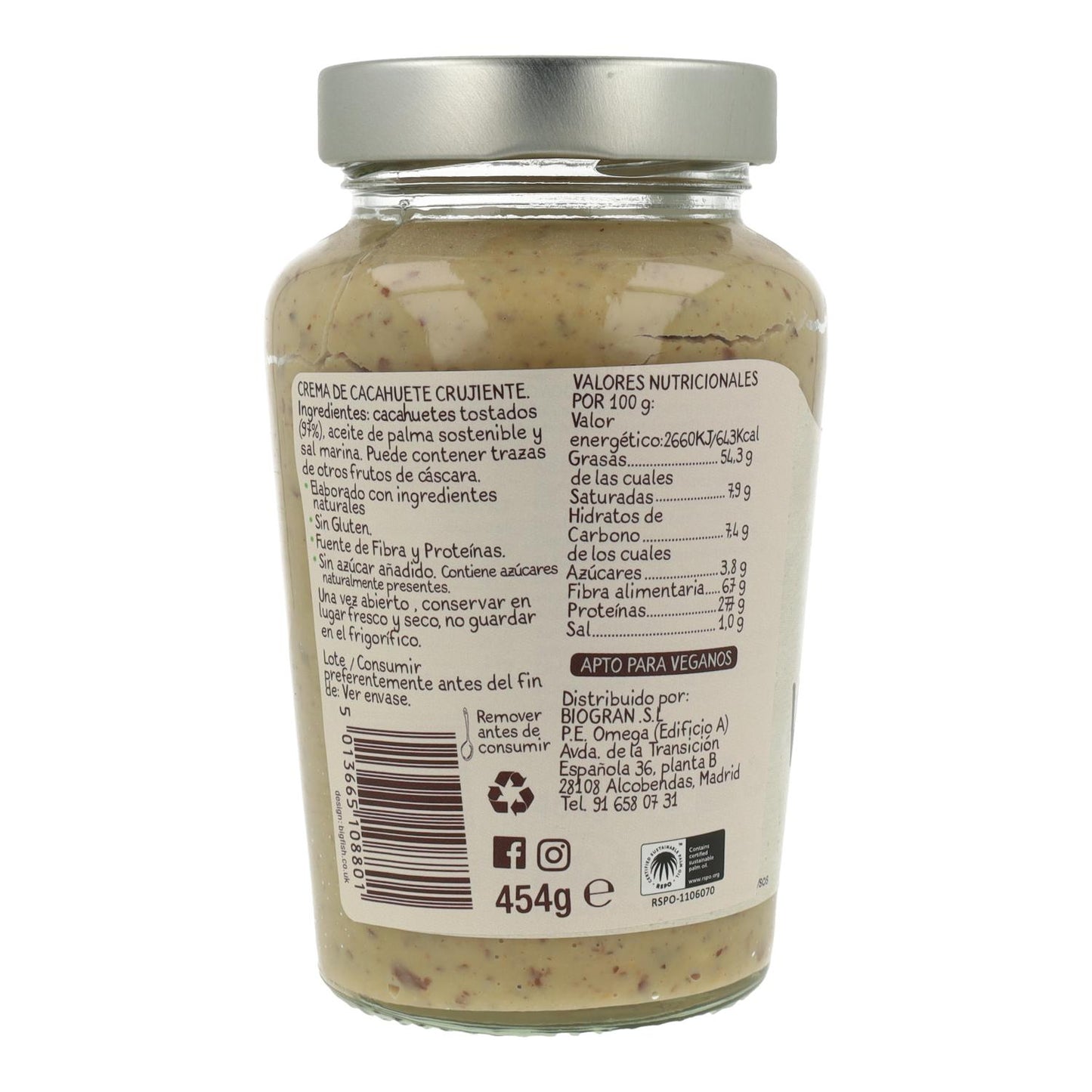 Crema di arachidi Original Crunchy, 454 g. Whole Earth