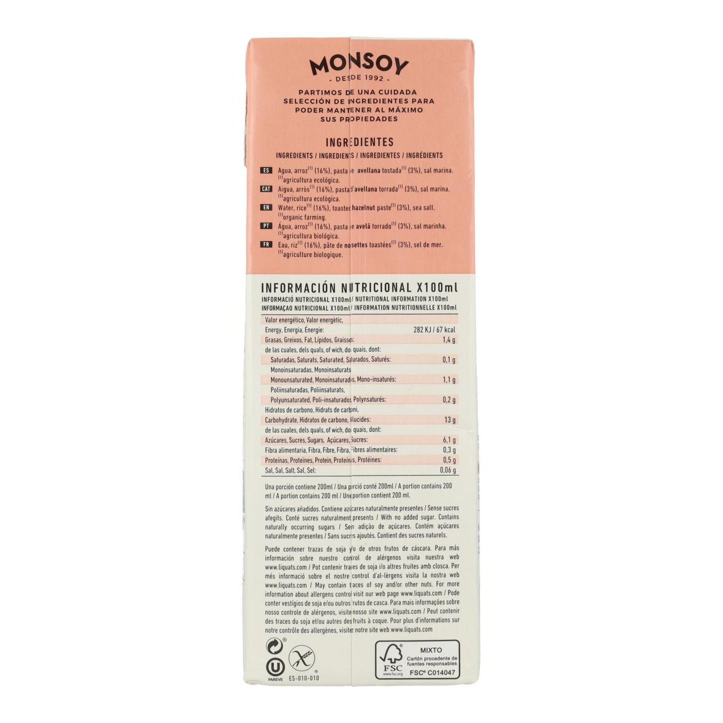 Biologische rijst- en hazelnootdrank Monsoy 1 l