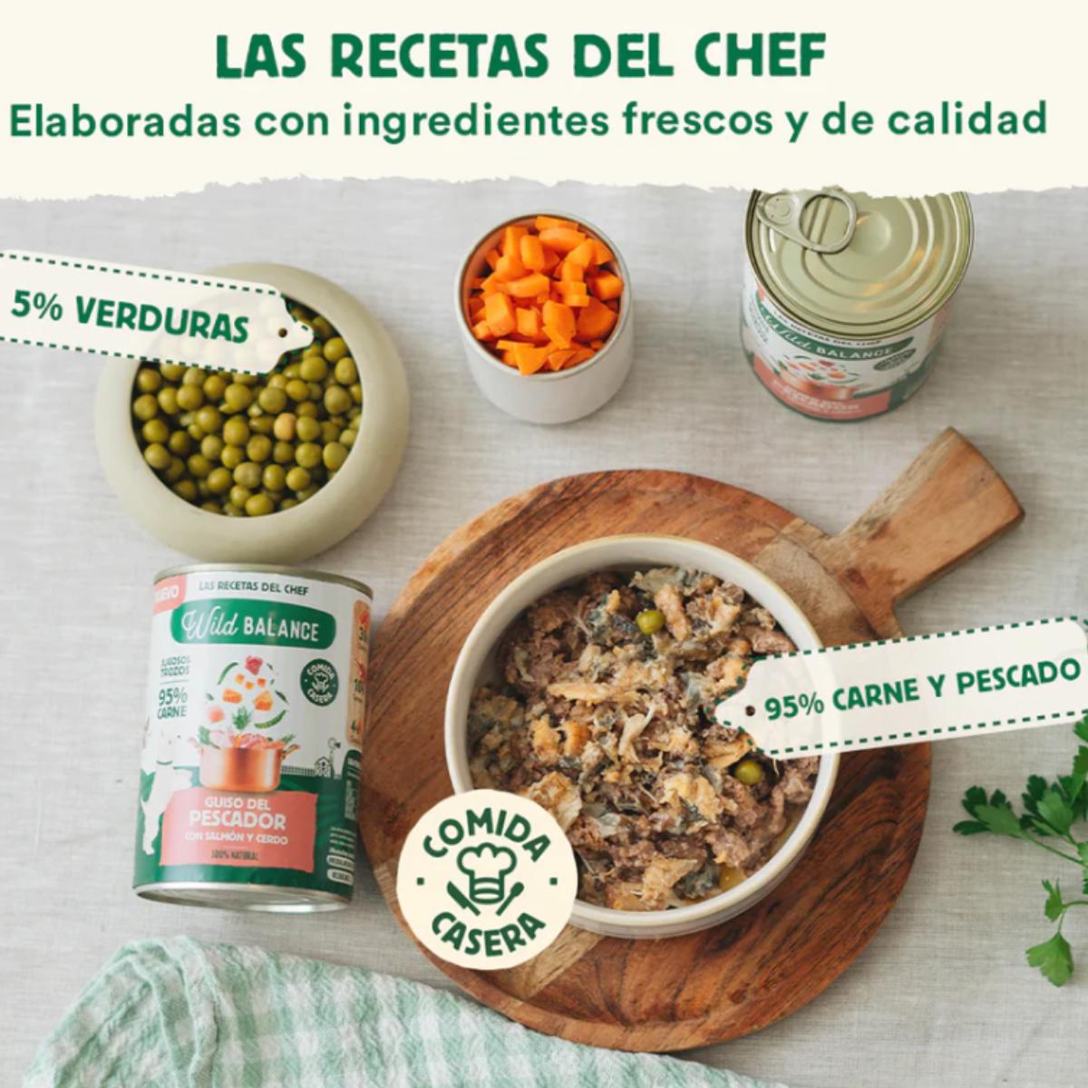 Puszka pełna zupy rybnej z łososiem i wieprzowiną dla psów Wild Balance 400 g