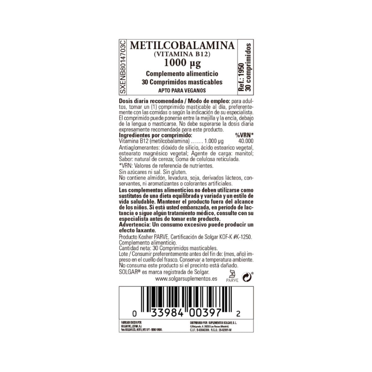 Vitamine B12 Methylcobalamine, 30 sublinguale tabletten van 1000 μg