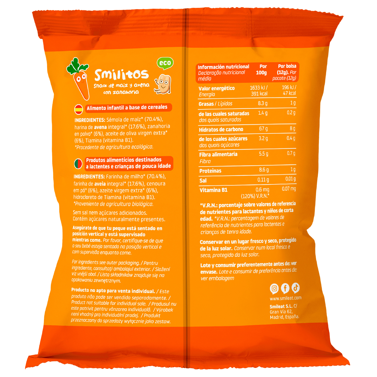 Smilito Corn, Oats and Carrot Multipack ECO Smileat 4 x 12 g sachets.