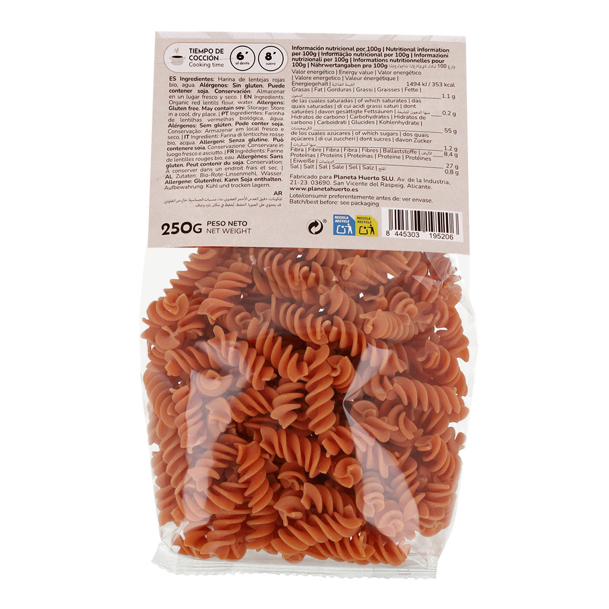 Glutenvrije ECO linzen spiralen Planeta Huerto 250 g