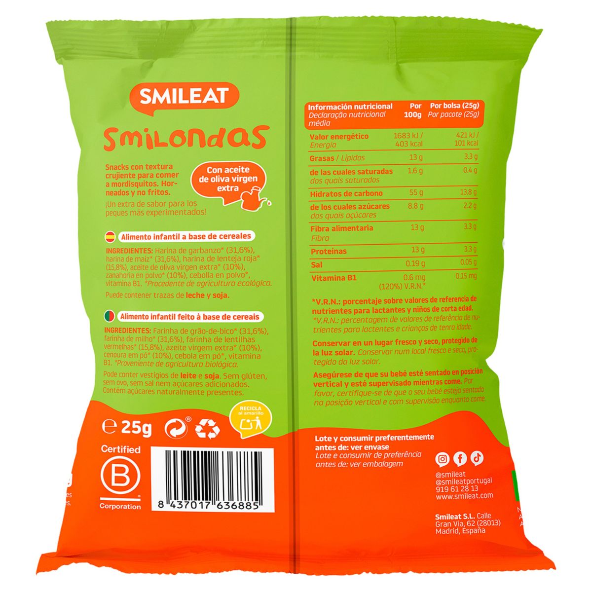 Smilondas Snack van maïs, kikkererwten, linzen en wortel Eco Smileat 25 g