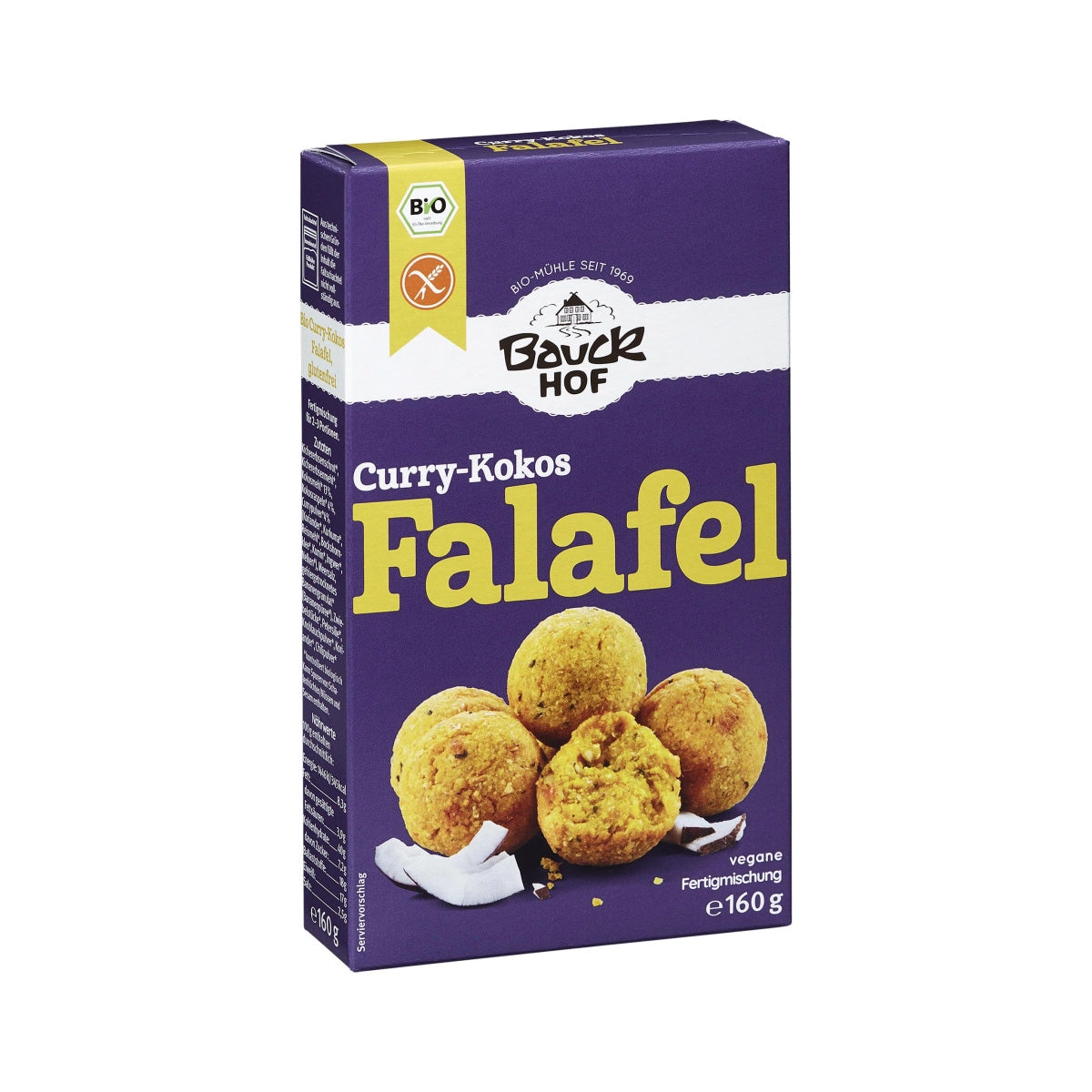 Glutenfria falafel med curry och kokos från Bauckhof, 160 g