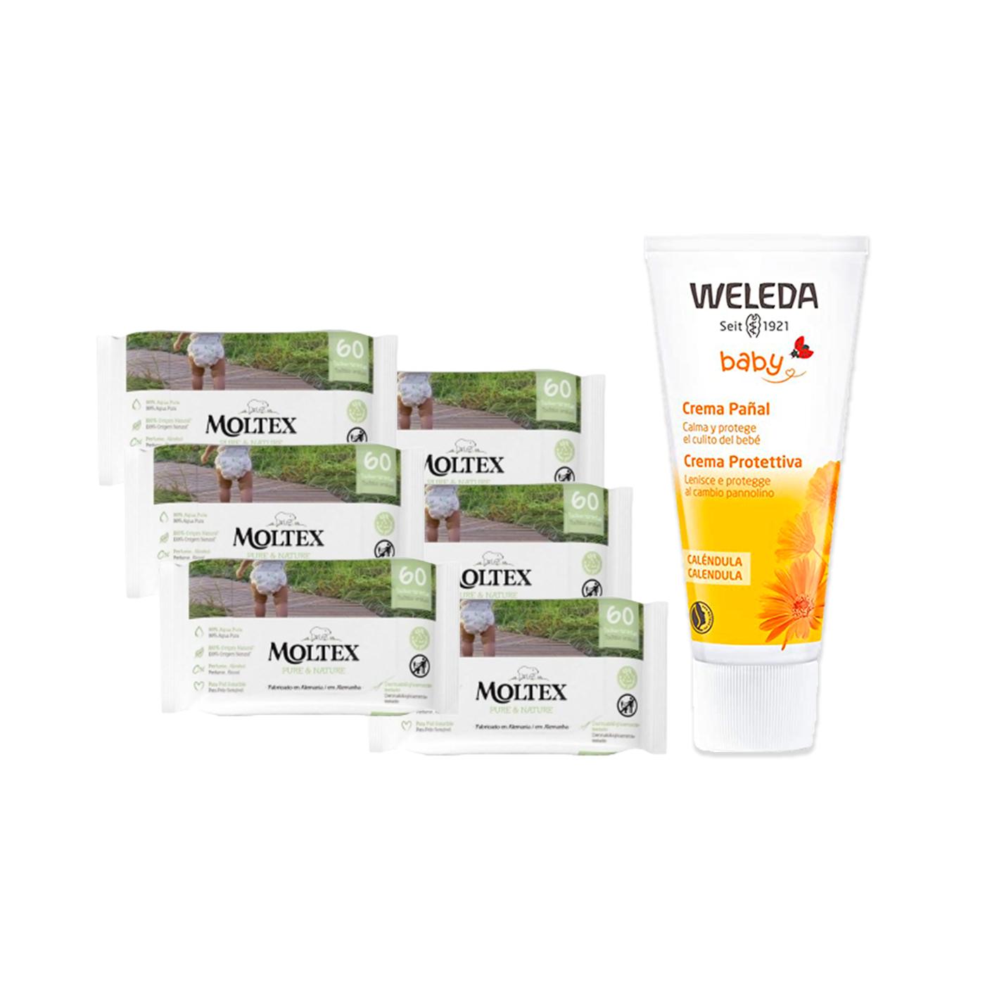PACK SPECIALE Crema per pannolini alla calendula Weleda 75 ml + Confezione da 6 x Salviette Moltex Pure & Nature 60 pezzi