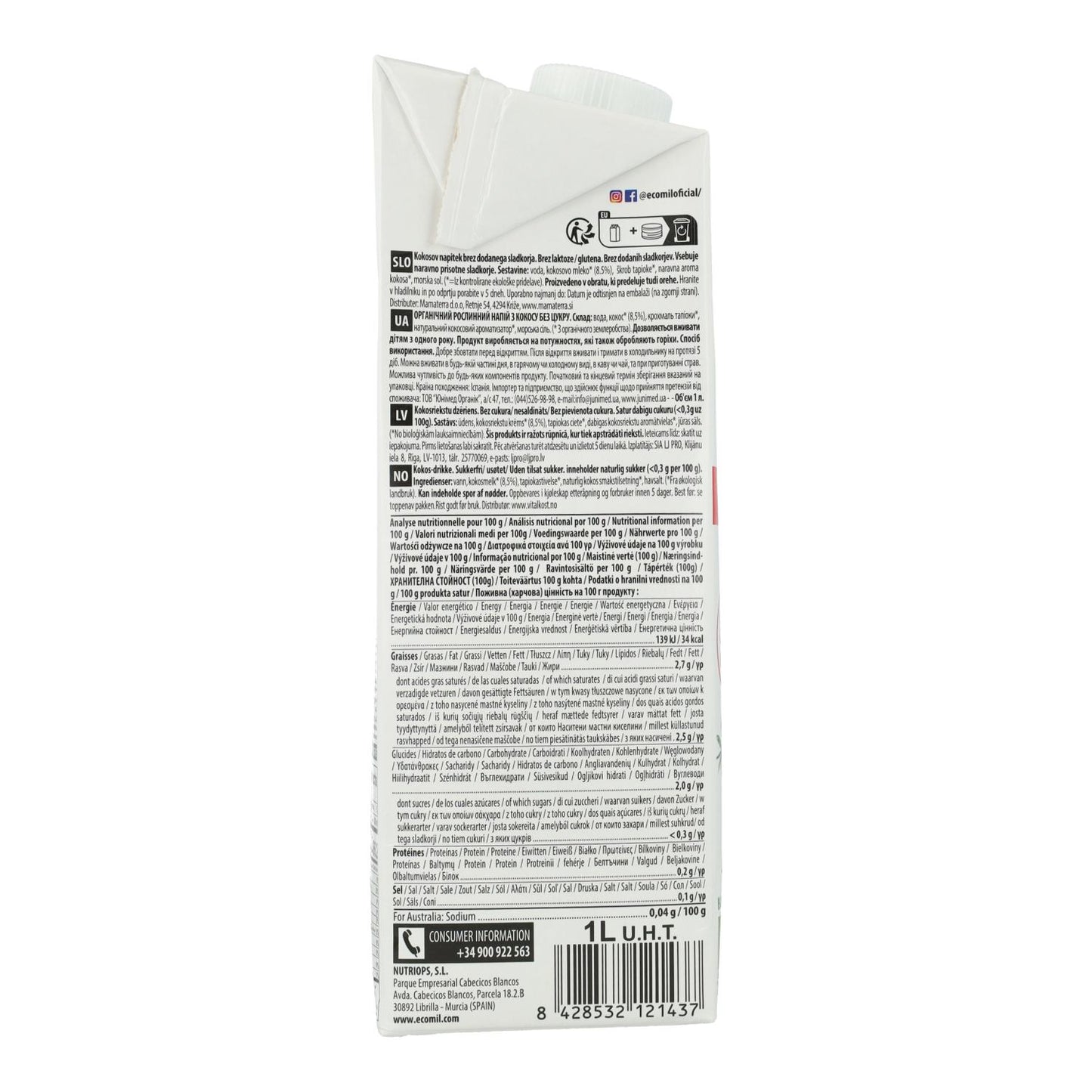 Napój roślinny kokosowy bez cukru, bezglutenowy i bez laktozy Ecomil 1 l