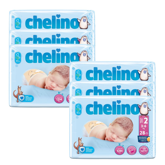 Pack 6 x Couches T2 Nouveau-né (3-6 kg) 28 unités, Chelino