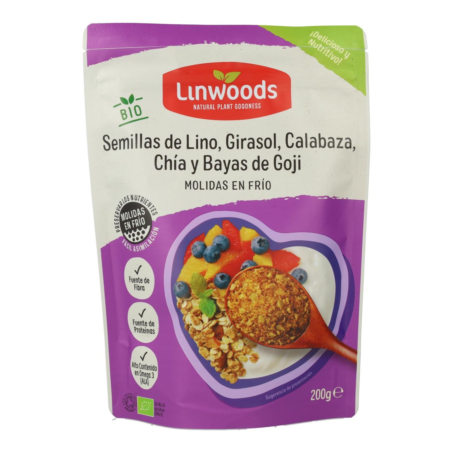 Linfrön, solrosfrön, pumpafrön, chiafrön och malda gojibär, ekologiska, Linwoods, 200 g