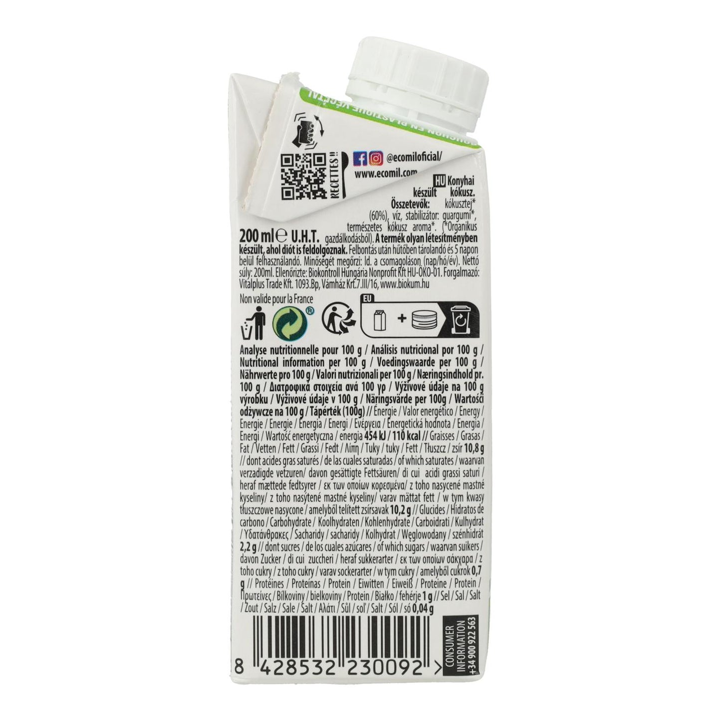 Lait de coco Ecomill Cuisine, préparation culinaire 500 ml 