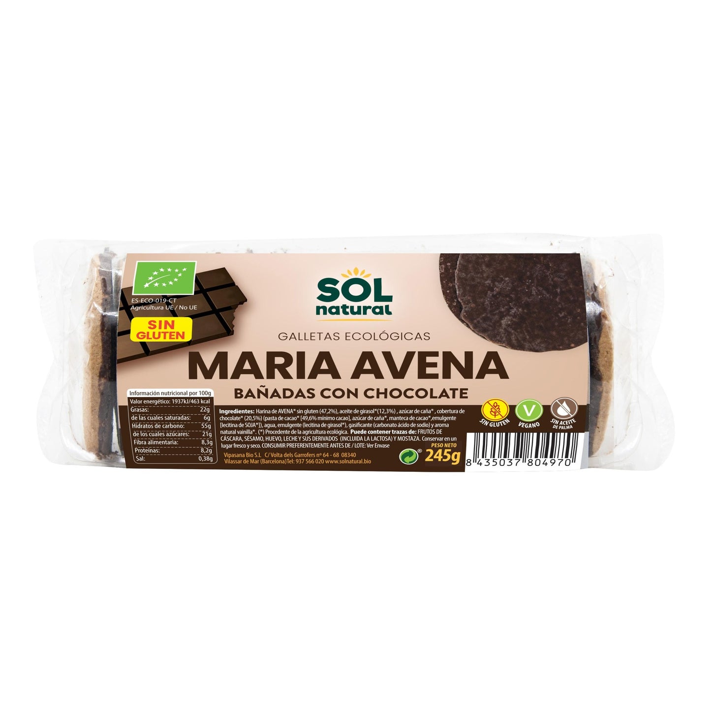 Bezglutenowe ciastka owsiane Maria w czekoladzie bio Sol Natural 200 g