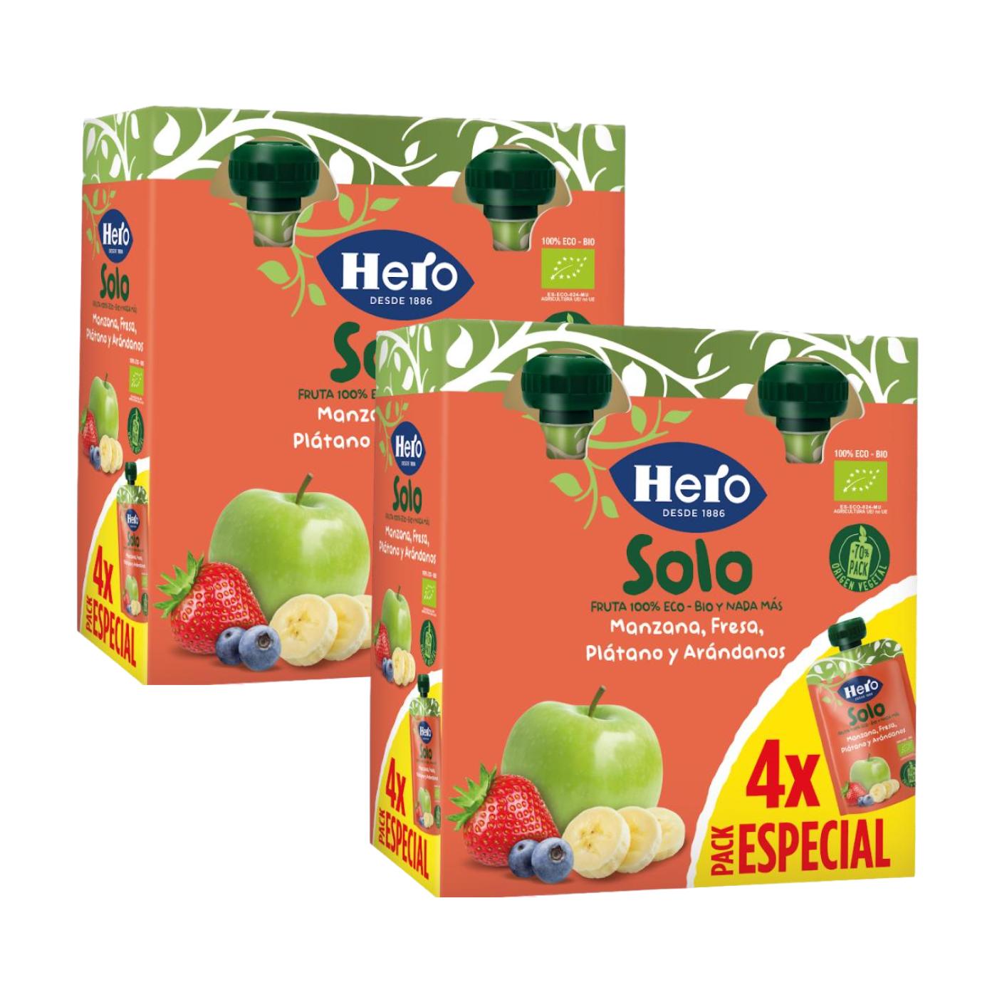 Pakket x2 zakjes 100% biologisch fruit met appel-, aardbei-, banaan- en bosbessensmaak 4x100 g-Hero Solo