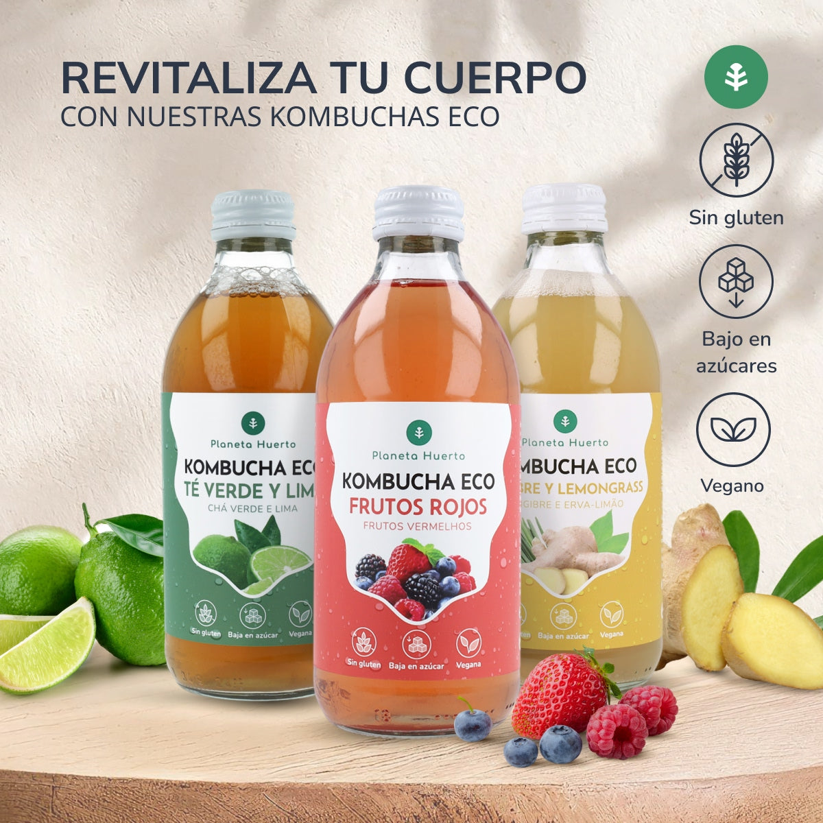 Pack 12x Kombucha ECO té verde y lima Planeta Huerto 330 ml
