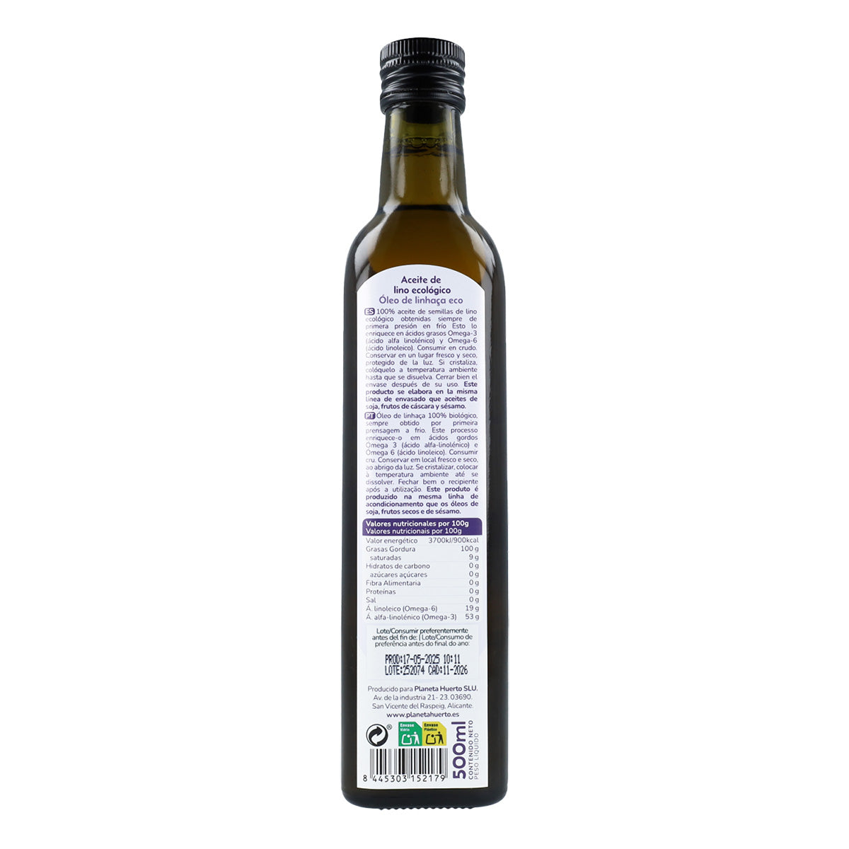 Pakket 2x koudgeperste lijnzaadolie ECO Planeta Huerto 500 ml