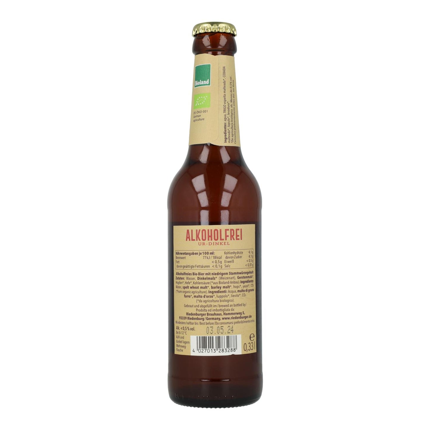 Bière bio sans alcool à l'épeautre Riedenburger 33 cl