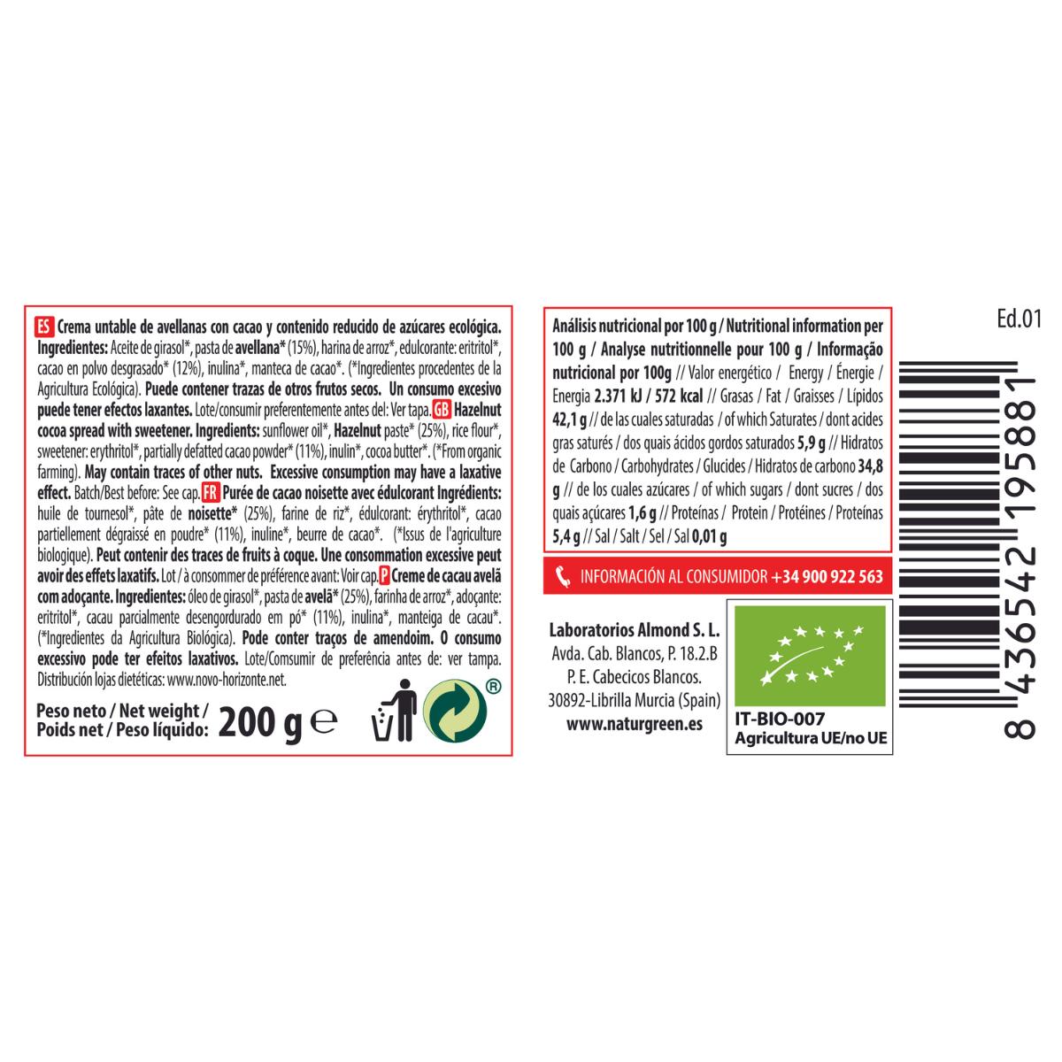 Crema de Avellanas y Cacao contenido reducido de azúcares Naturgreen 200 g