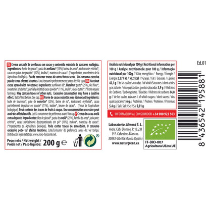 Crema de Avellanas y Cacao contenido reducido de azúcares Naturgreen 200 g