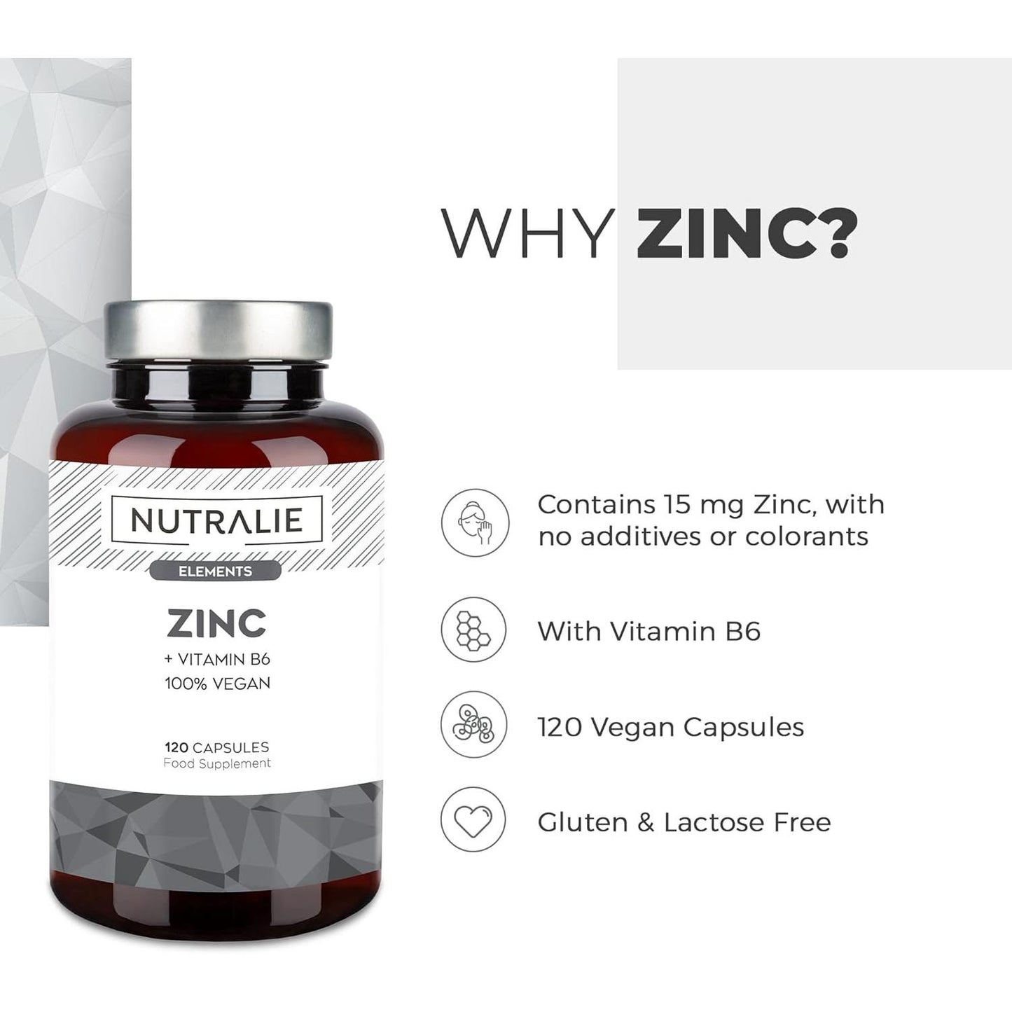 Nutralie Zink med vitamin B6 Akne Hud Hår Vegansk 120 kapslar