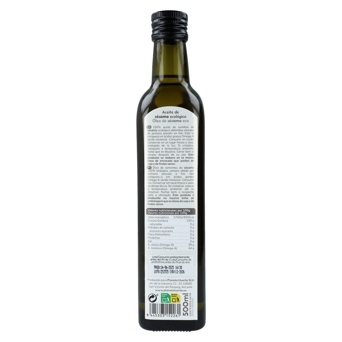 Pakket 2x koudgeperste sesamolie ECO Planeta Huerto 500 ml