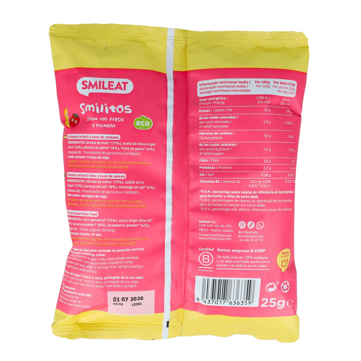 Smilitos Gusanitos Erdbeere und Banane BIO Smileat 25 g