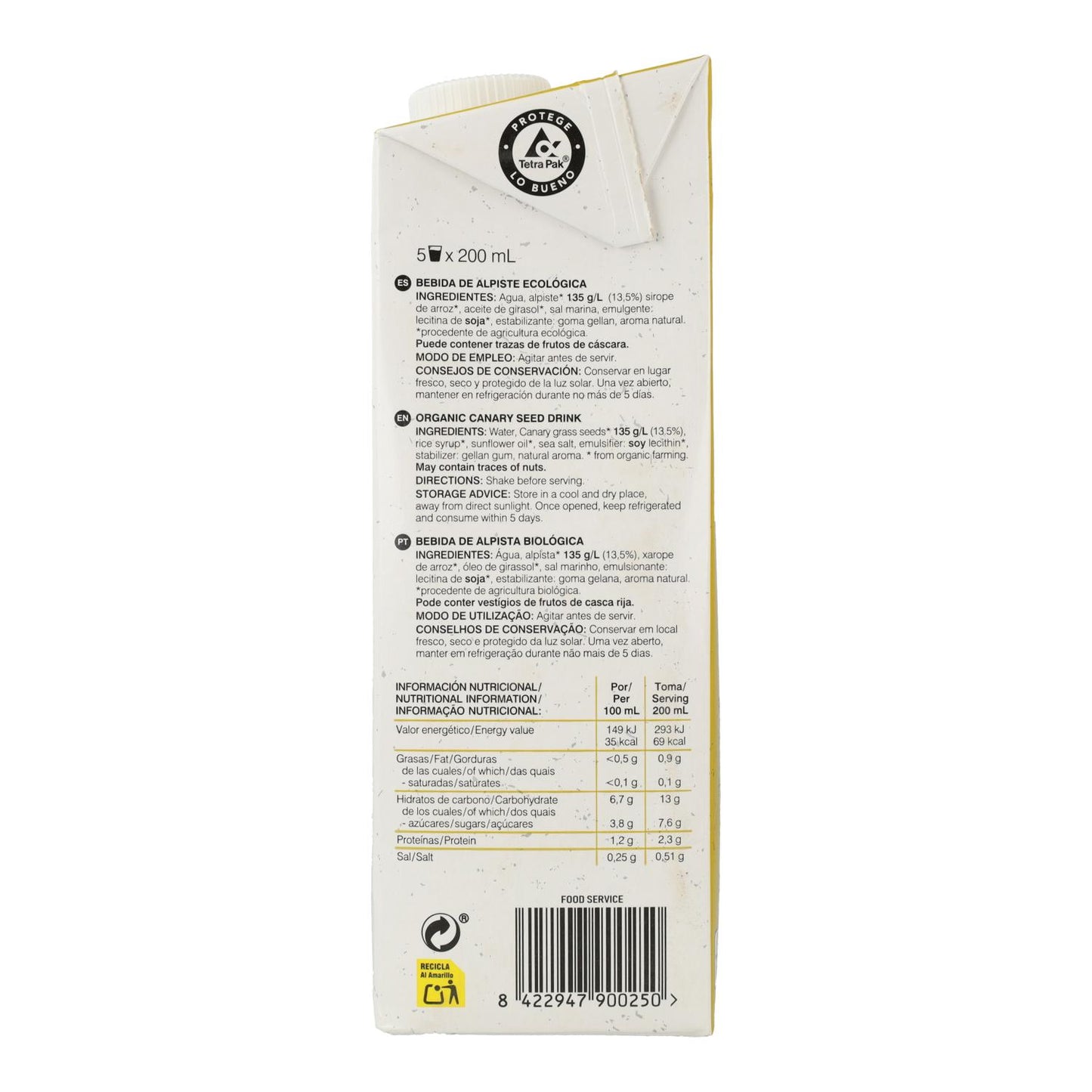 Pack of 6L 100% plant-based birdseed drink Soria Natural 1L