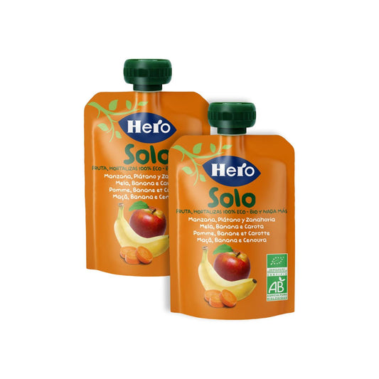Pack promotionnel 2 sachets de pommes, bananes et carottes 100 % bio 100 g - Hero Solo