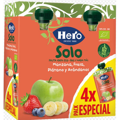 100% Eco Fruit Pouches in Apple, Strawberry, Banana and Blueberry flavours, 4x100 g - Hero Solo