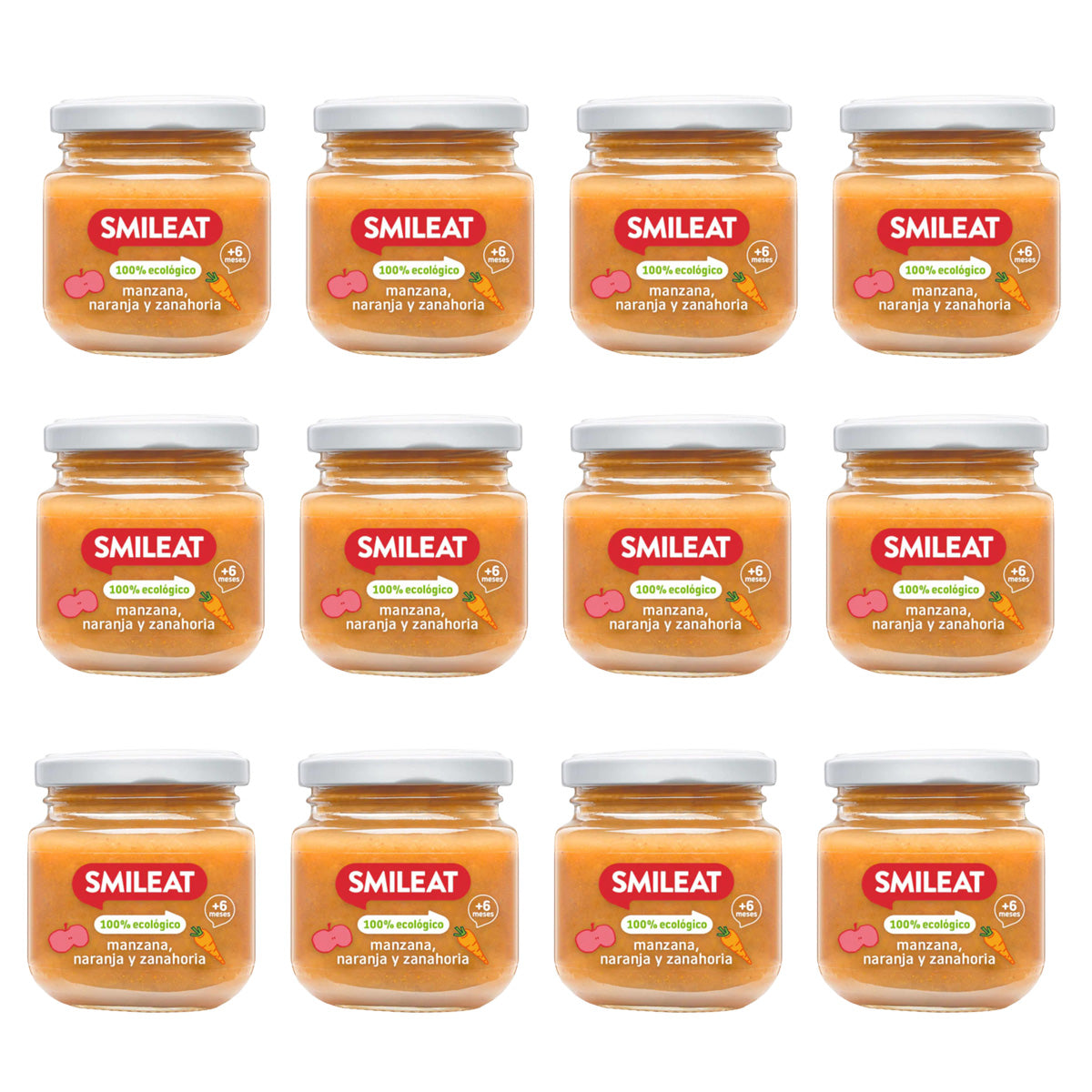 Pack of 12 Organic Apple, Orange and Carrot Jars +6 Months Smileat, 130 g