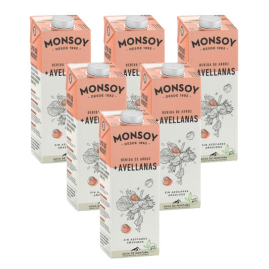 Lot de 6 boissons Monsoy bio au riz et aux noisettes (1 L).