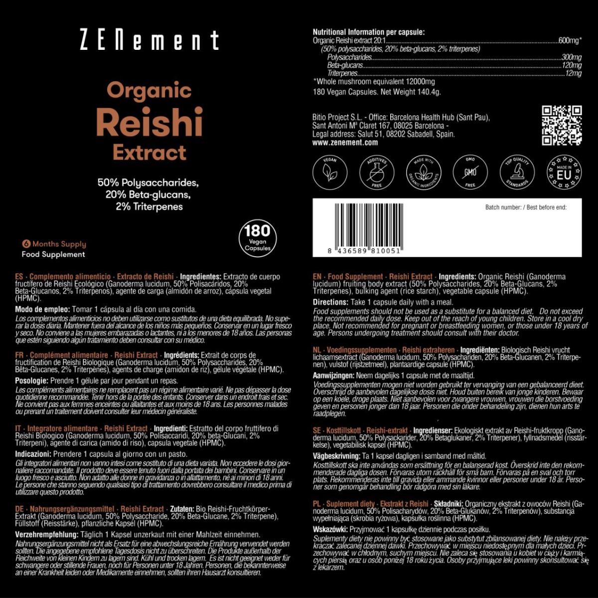Extrait de reishi bio 12 000 mg Zenement, 180 comprimés