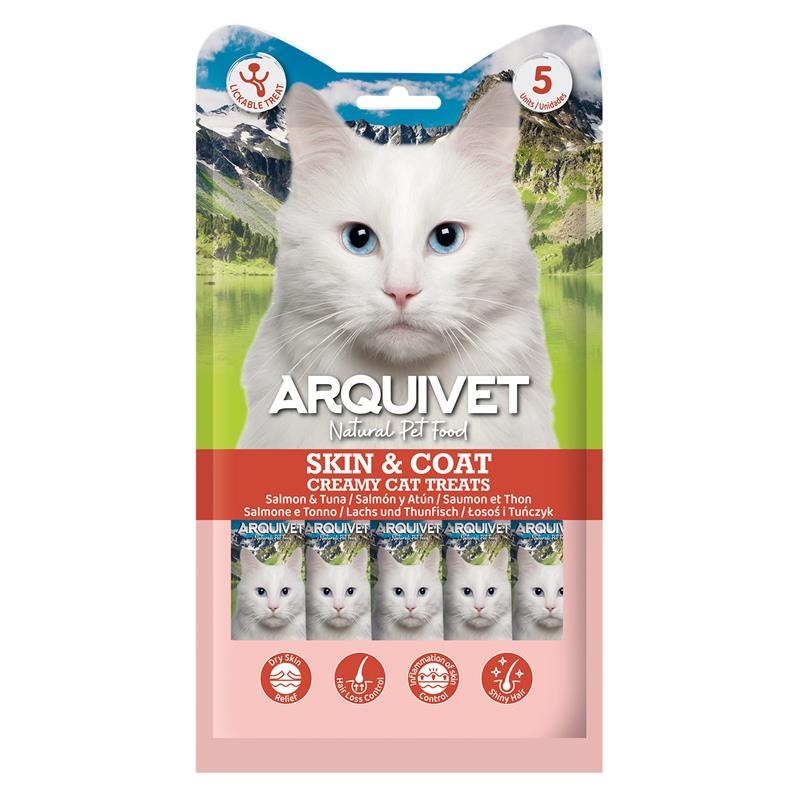Creamy Cat Treats Snack crémeux fonctionnel Skin & Coat Saumon et Thon Arquivet 5x14 g
