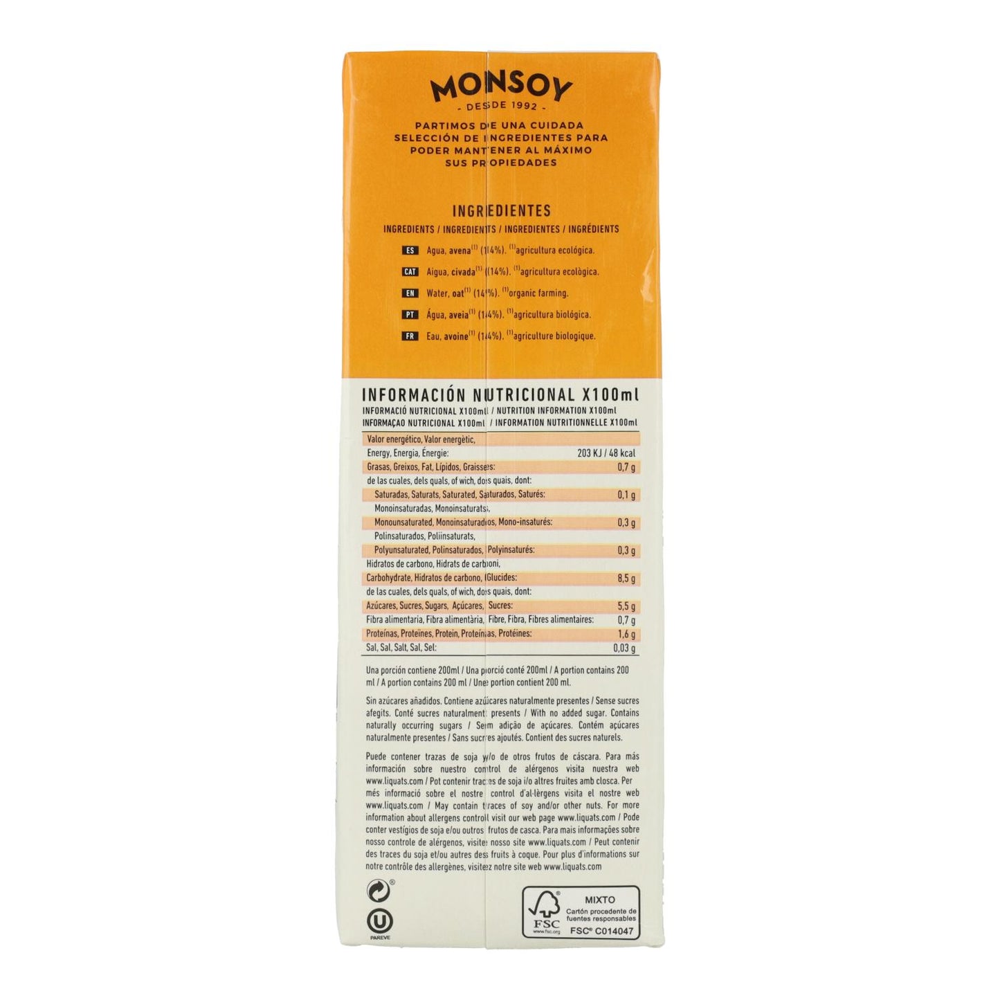Pack of 6 Monsoy Organic Oat Drink 1 L