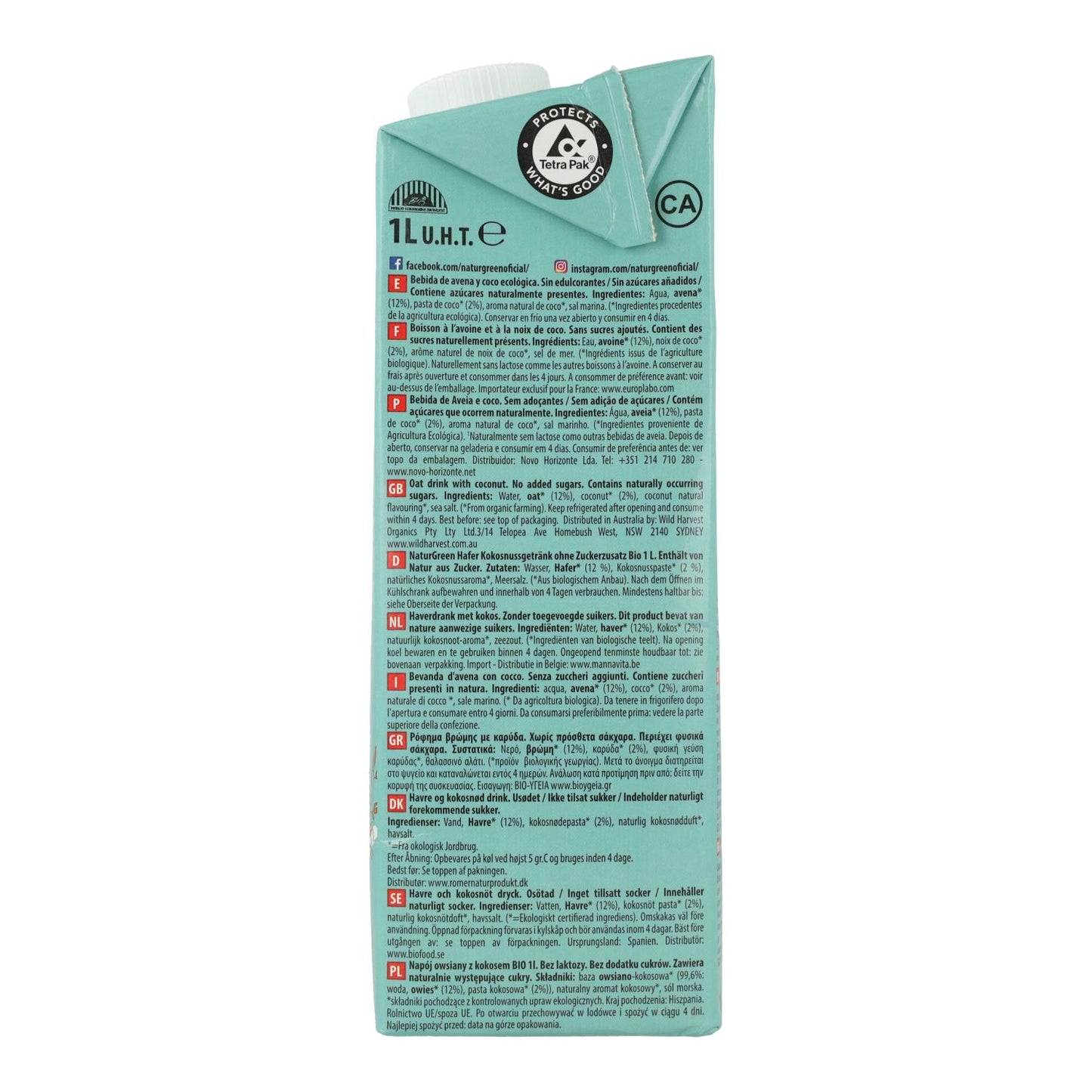 Confezione da 6 bevande all'avena e cocco biologiche NaturGreen 1 L