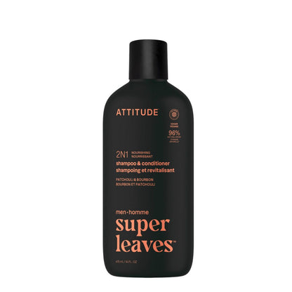 Super Leaves 2-in-1-Shampoo und Conditioner – Patchouli und Bourbon, Attitude, 415 ml