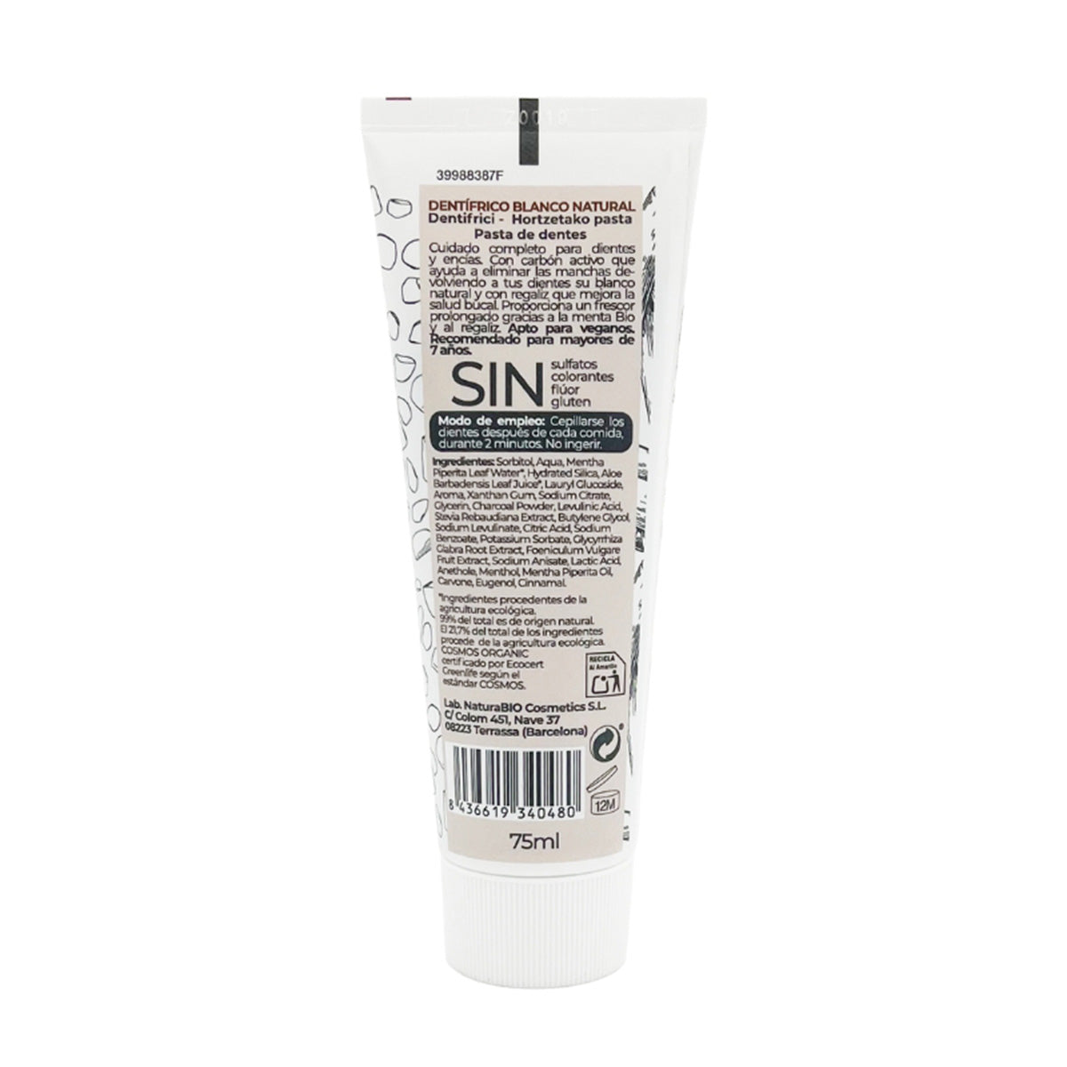 Natural White Toothpaste with Liquorice & Activated Charcoal, Fluoride-Free, NaturaBIO Cosmetics, 75 ml