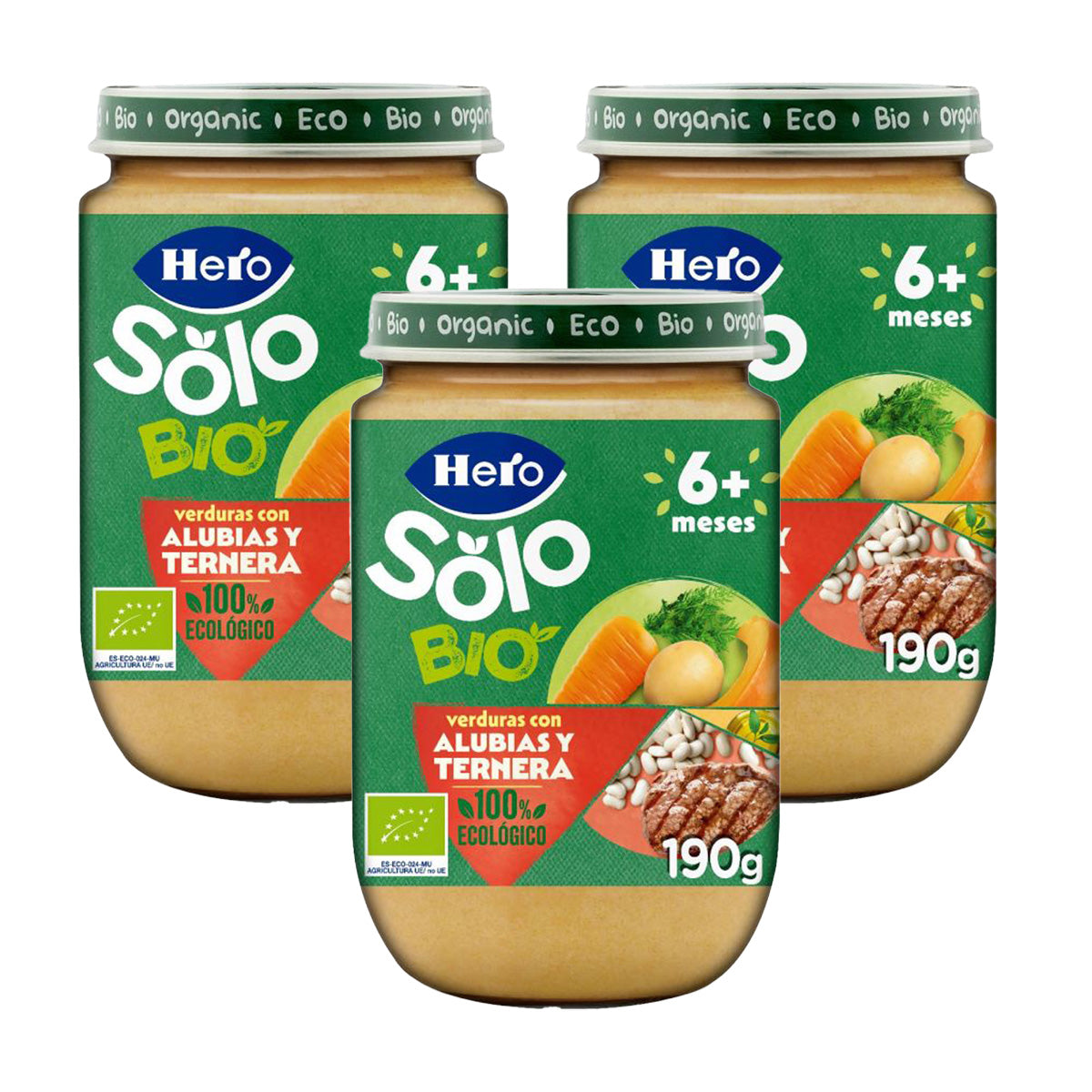 Pack of 3 jars of organic beef and bean purée +6 months, Hero Baby SOLO, 190 g