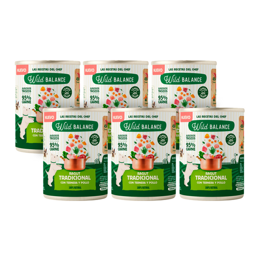 6-pack traditionele ragout van rundvlees en kip voor honden Wild Balance 400 g