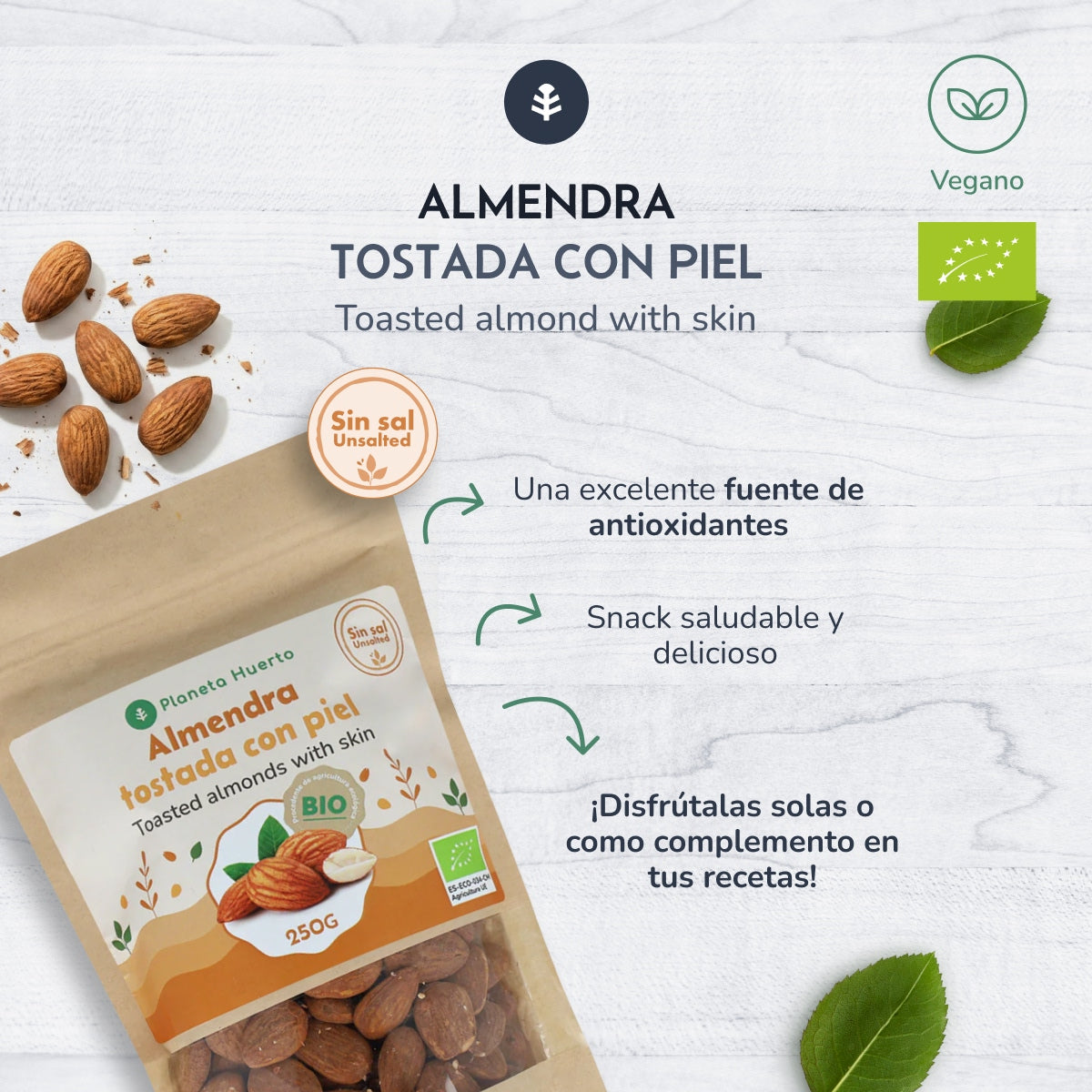 Amandes grillées non salées avec peau ECO Planeta Huerto 250 g