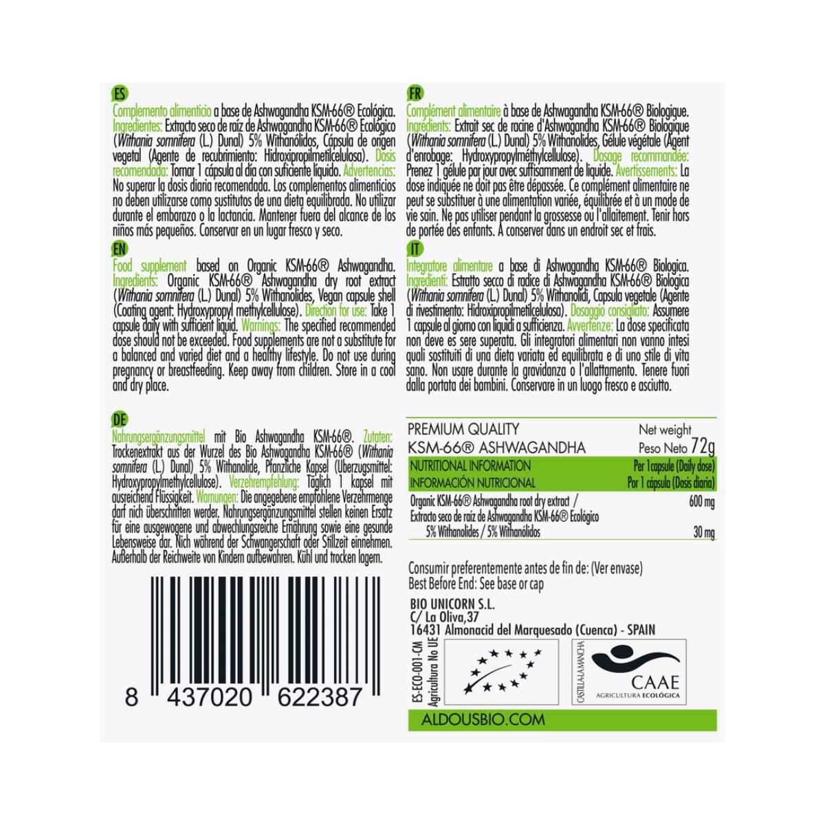 ASHWAGANDHA KSM66, 100 gélules Aldous Bio