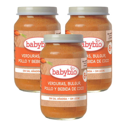 Pack of 3 Babybio vegetable pieces, bulgur, chicken and coconut drink 200 g