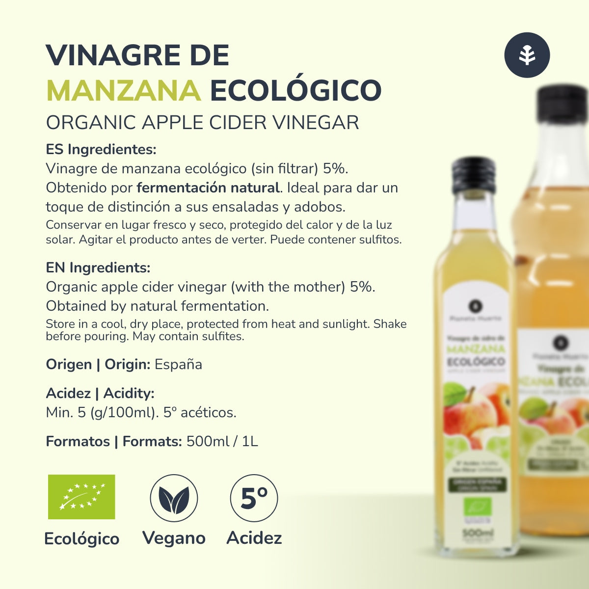 Confezione da 3 aceto di mele ECO crudo non filtrato con la madre Planeta Huerto 1L